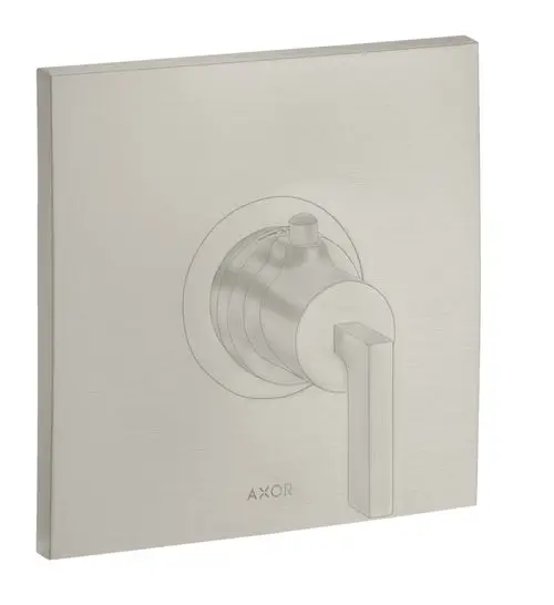 Edelstahl-Wandverkleidung mit zentralem Hebelgriff und runder Drehmechanik. Das Design vermittelt eine moderne Ästhetik. Hersteller: AXOR.
